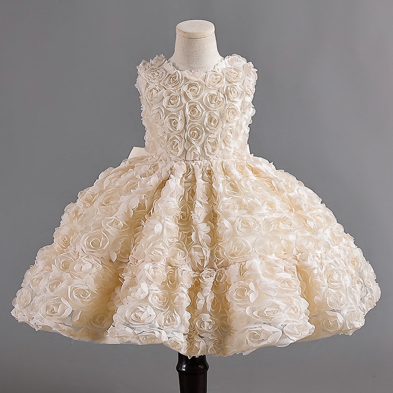 Flower Girls Party Birthday Dresses for Weddings Luxury Champagne Tulle Short Evening Gowns Children Cute Princess Pageant Dress