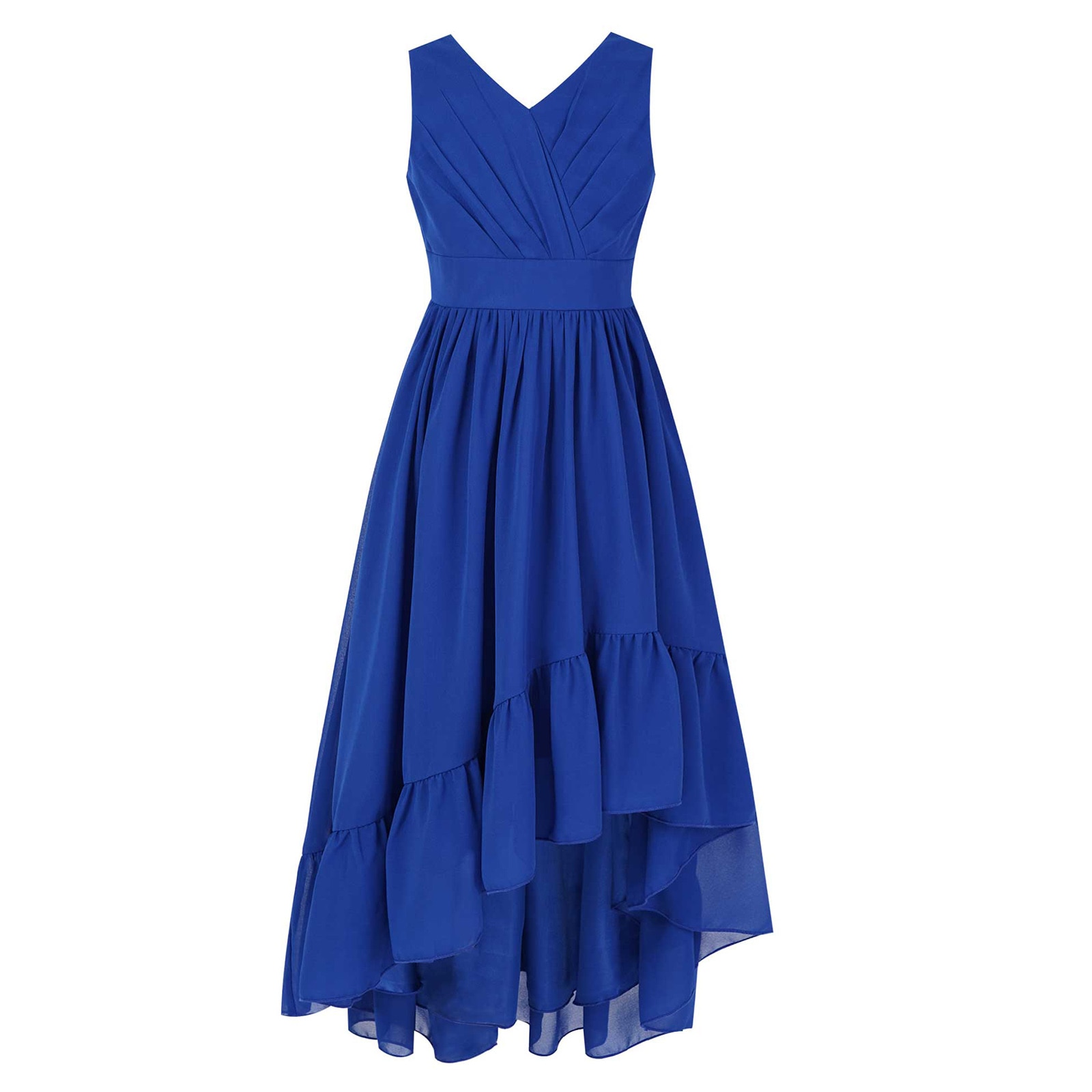 Kid Girl Summer Wedding Party Casual Dresses V Neck Wide Shoulder Straps Pleated Ruffle Hem High-low Hem Chiffon Dress Ball Gown
