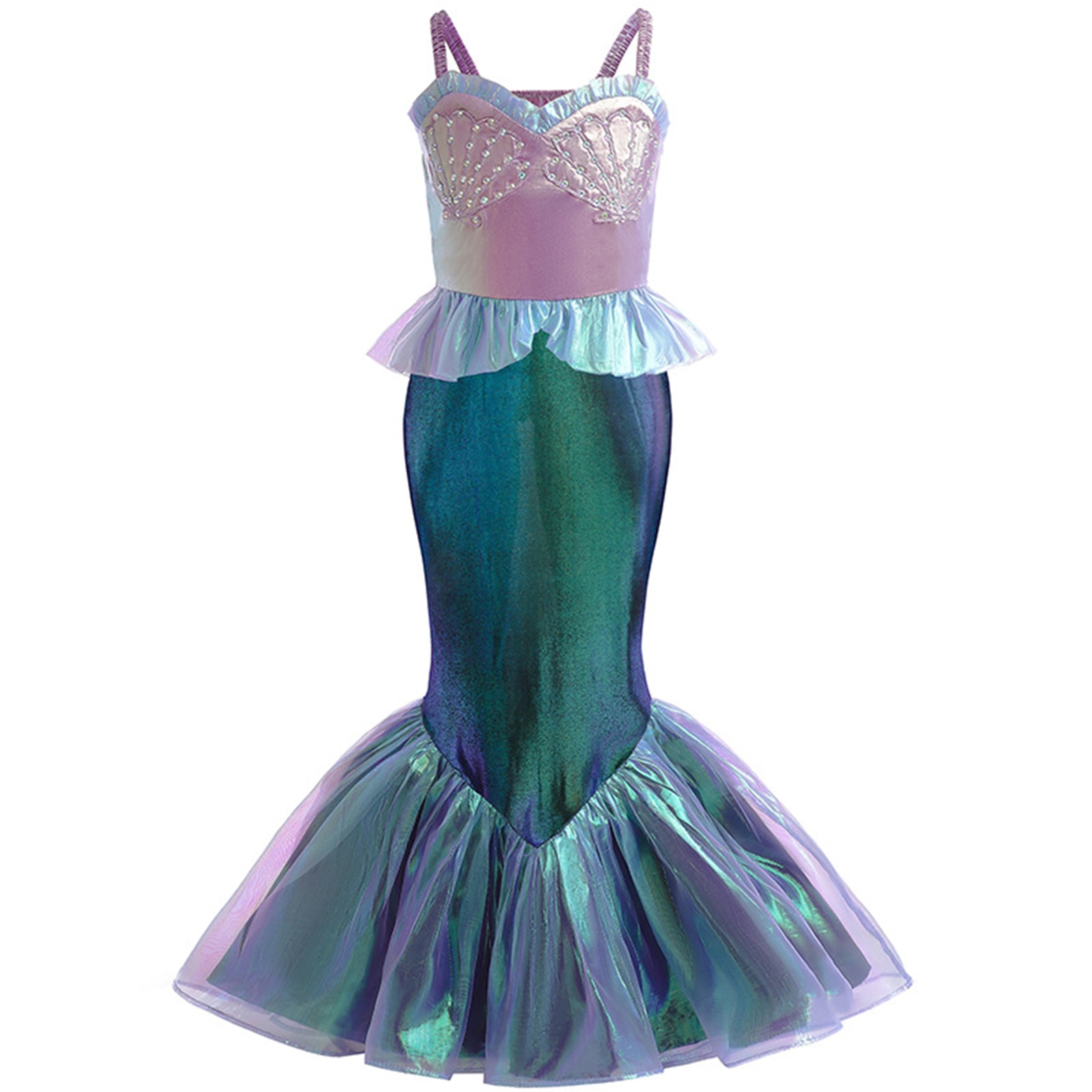 Halloween Kids Girls Mermaid Dress Cosplay Costume Sleeveless Fish Scales Shiny Ruffle Fishtail Skirt Birthday Princess Dresses