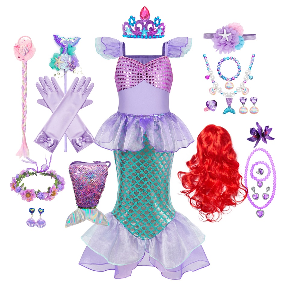Mermaid Princess Dress Halloween Ariel Girl Cosplay Costume New Purple Carnival Kid Mesh for Birthday Party Gift Sequin Clothing