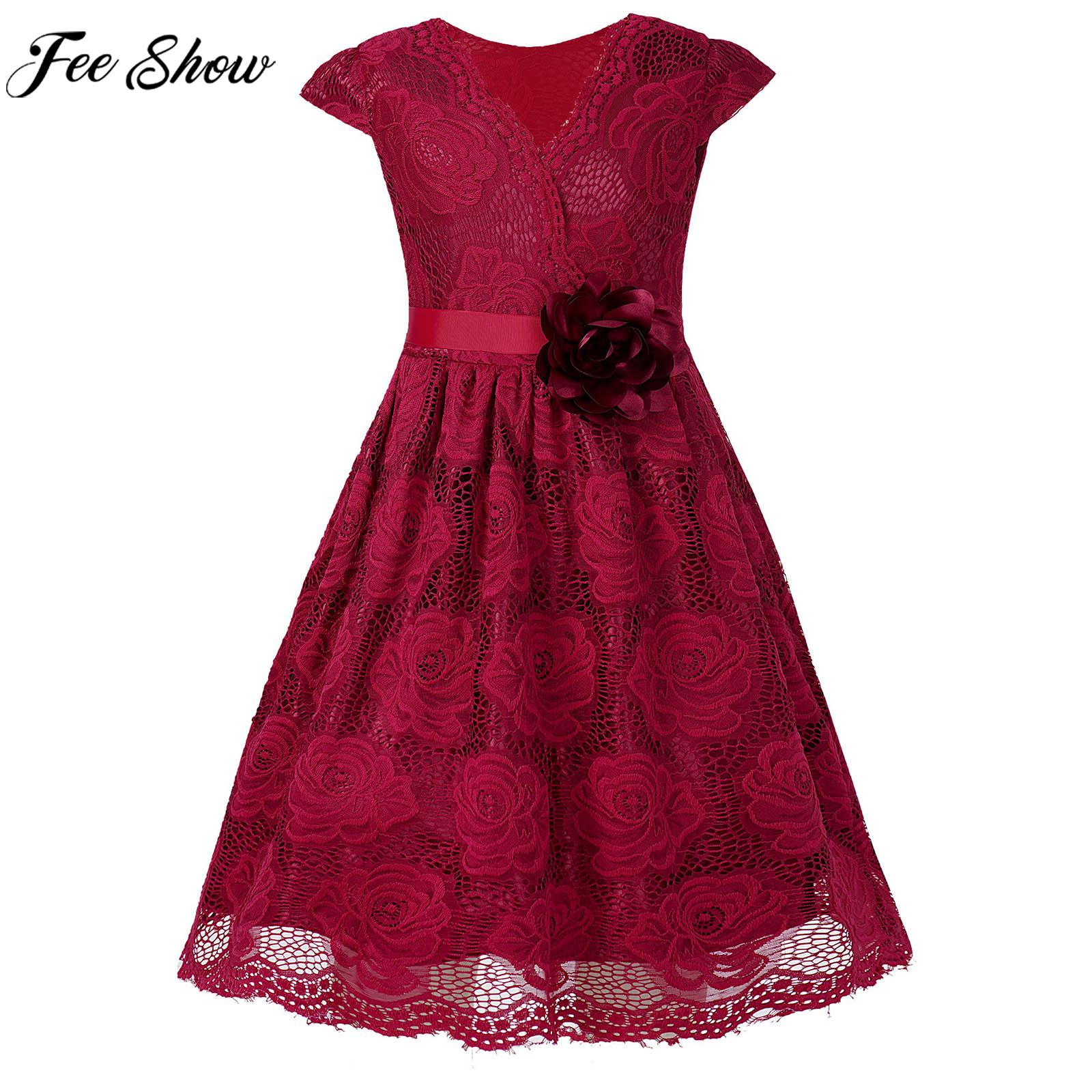 Kids Girls Elegant Floral Party Dress Sleeveless Satin Belt Princess Gown with Detachable 3D Applique for Birthday Wedding Prom