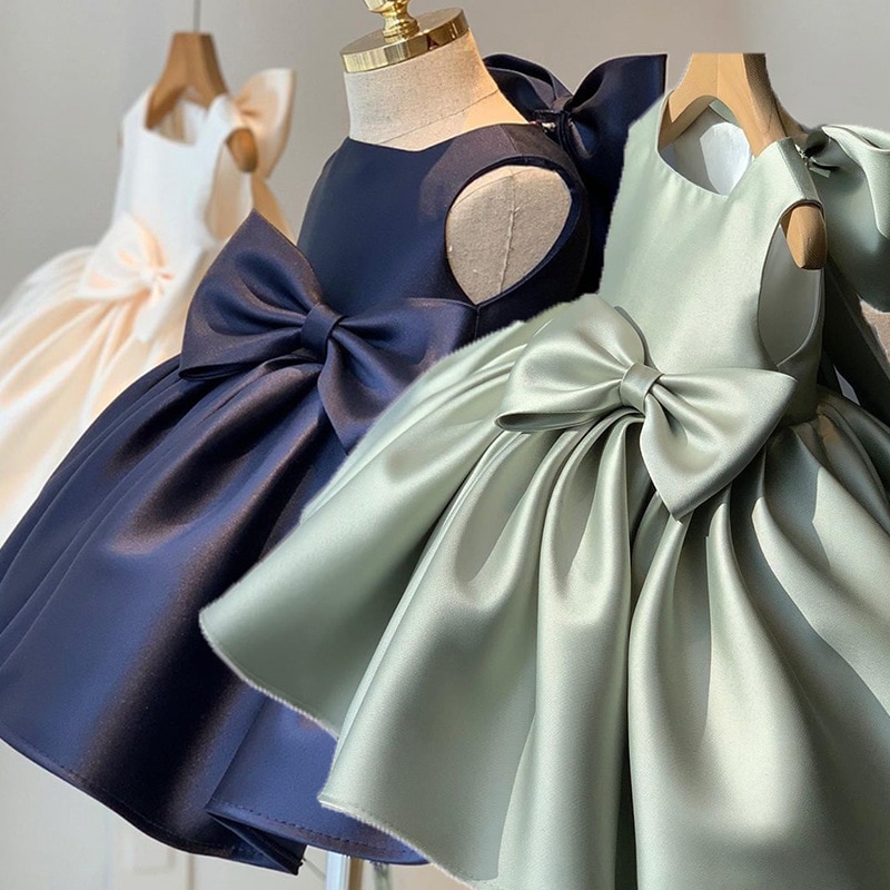 Baby Girl Satin Princess Dresses Children Elegant Tutu Big Bow Birthday Party Wedding Ball Gown Girl Dresses Clothes 1-15Years