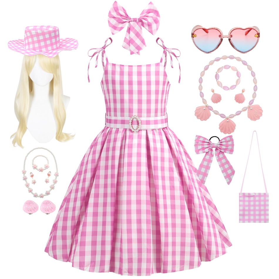 Movie Barbi Girls Princess Costume Cosplay Clothes Children Pink Plaid Dress Halloween Carnival Kids Party Wear 2-10 Years