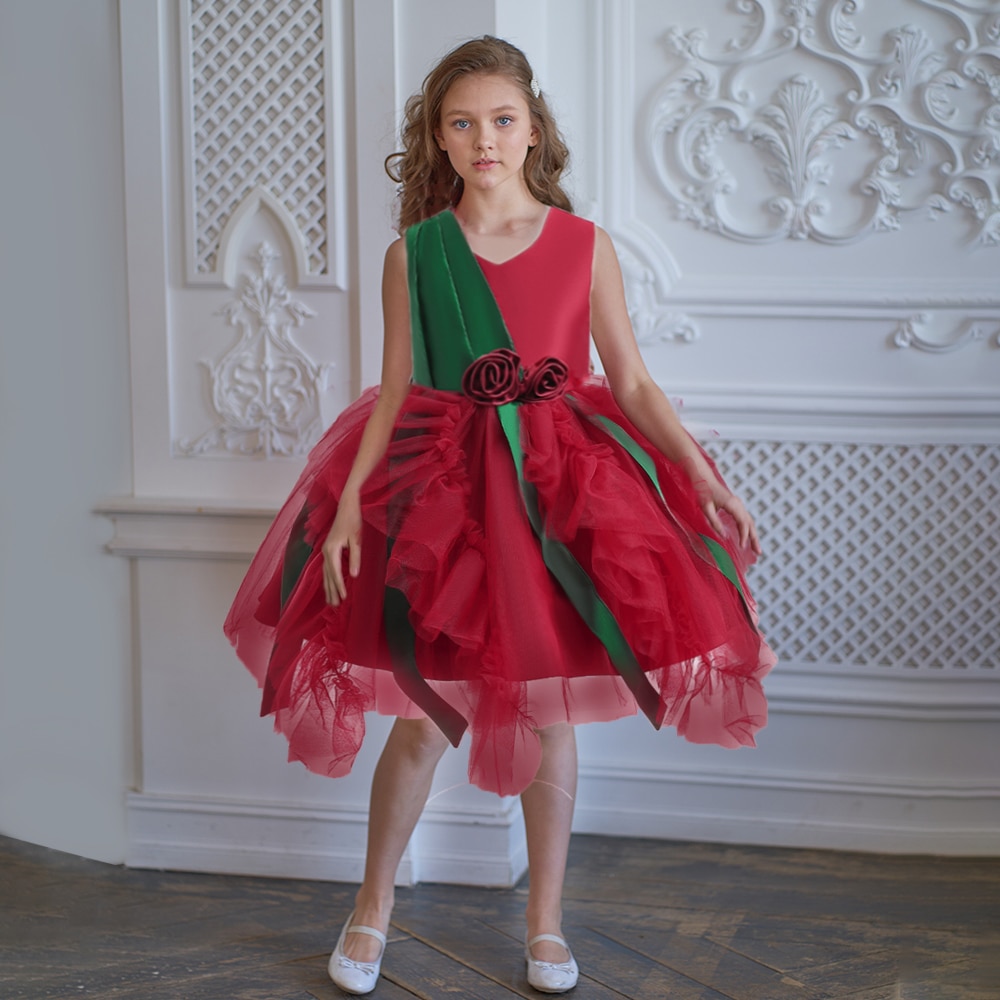 Fluffy Lace Flower Christmas Costume Bow Wedding Kids Party Dresses for Girls Princess Red Bridemaid Girl Dress Cosplay Vestidos
