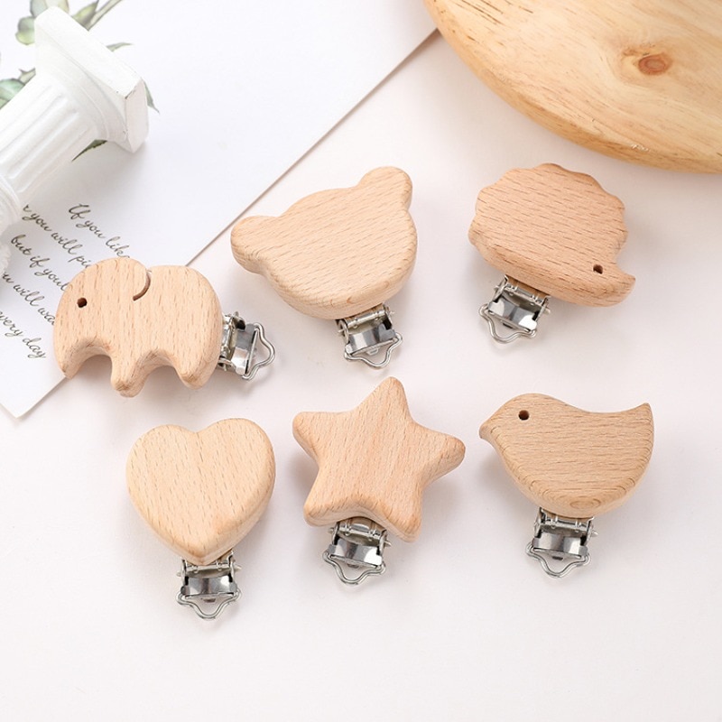 Beech Wood Baby Teether Pacifiers Clips Animal Shaped Wooden DIY Nipple Pacifier Leashes Accessories