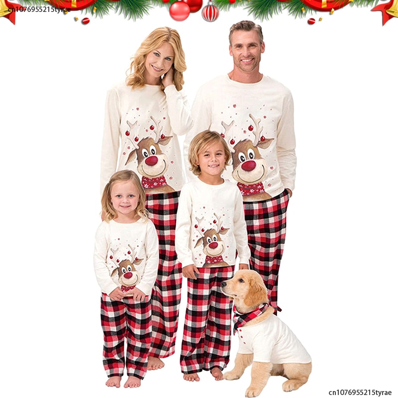Family Christmas Pajamas Set 2024 New Year Xmas Matching Clothes Father Mom and Me Deer Top Red Plaid Pants Nightwear Pjs Outfit