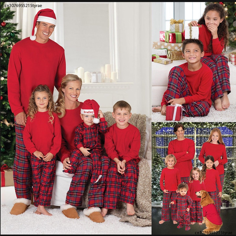 2023 Christmas Matching Family Outfits Father Mother Daughter Baby Nightwear Clothes Red Tops+Plaid Pants and Romper Family Look