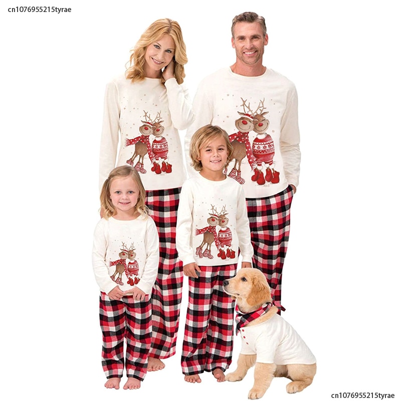 2023 Xmas Family Matching Clothes Deer Print Tops + Red Plaid Pants Family Christmas Pajamas Set Adult Dad Mom and Me Sleepwear