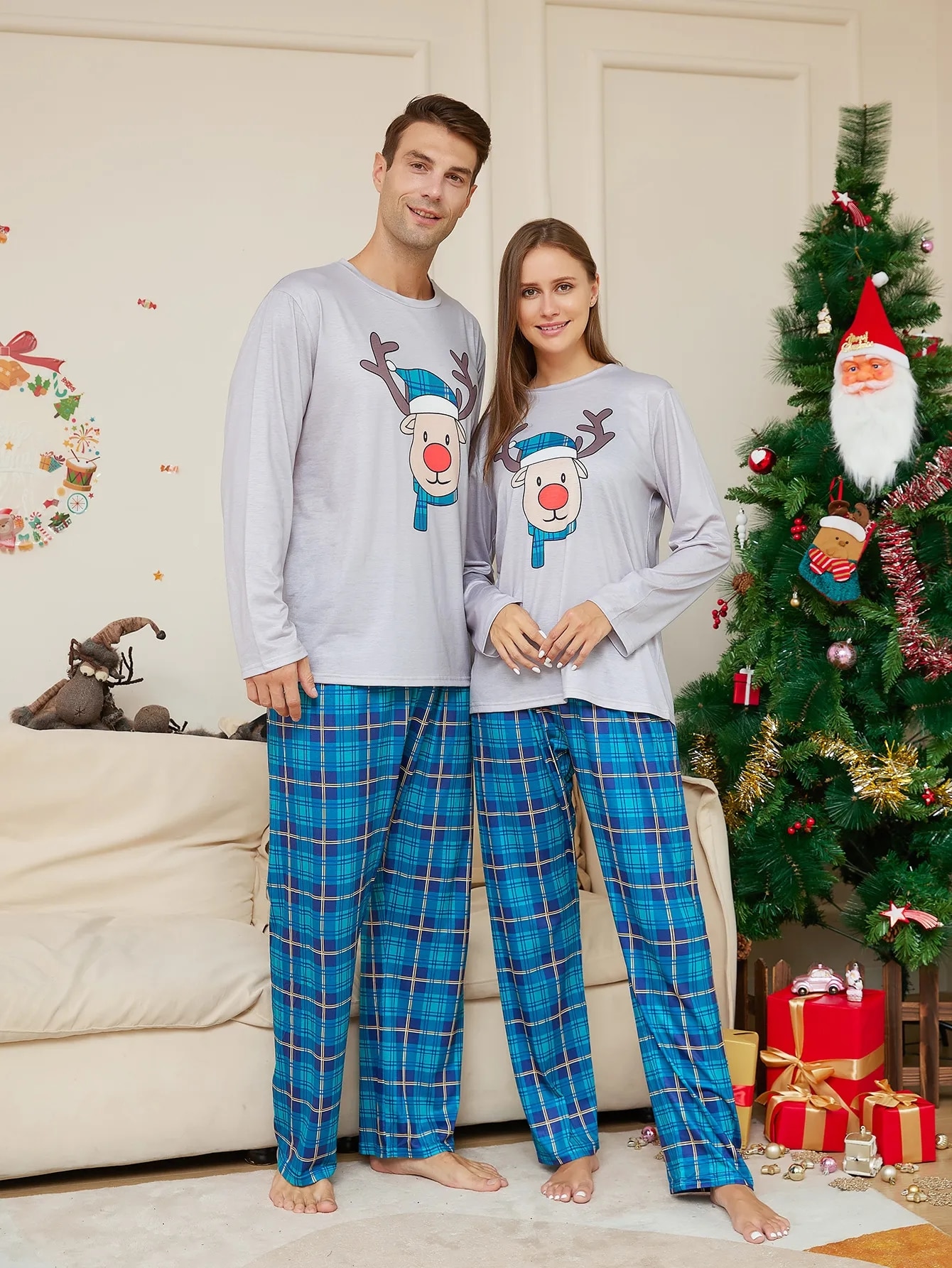 Family Matching Christmas Pajamas Set Grey Blue Plaid Long Sleeve Mother Kids Child Baby Father Mommy Daddy Daughter Me Xmas Pjs