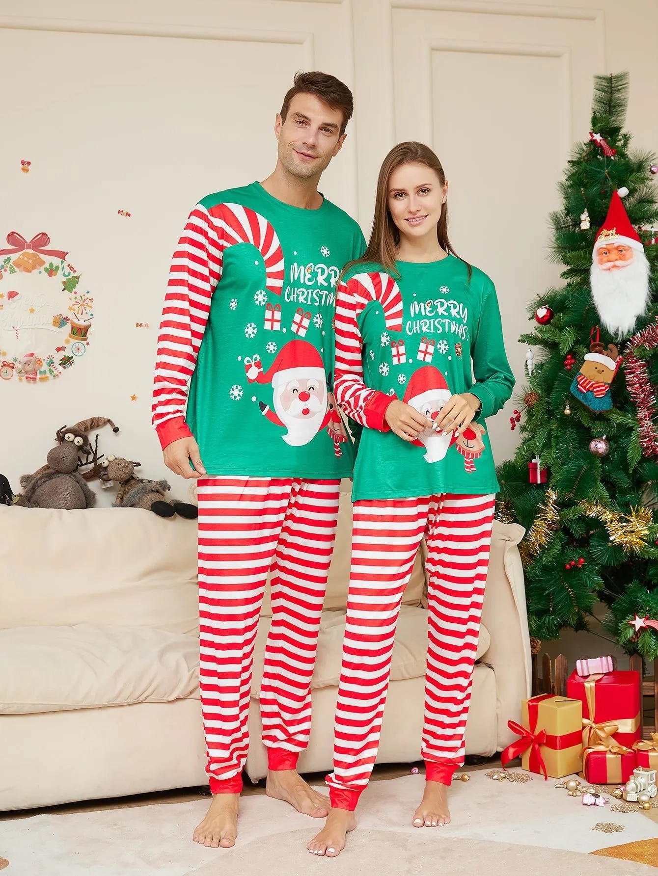 Couples Mother Kids Mommy Daughter Me Child Baby Family Matching Clothes Set Striped Santa Print Long Sleeve Xmas Pjs Set Green