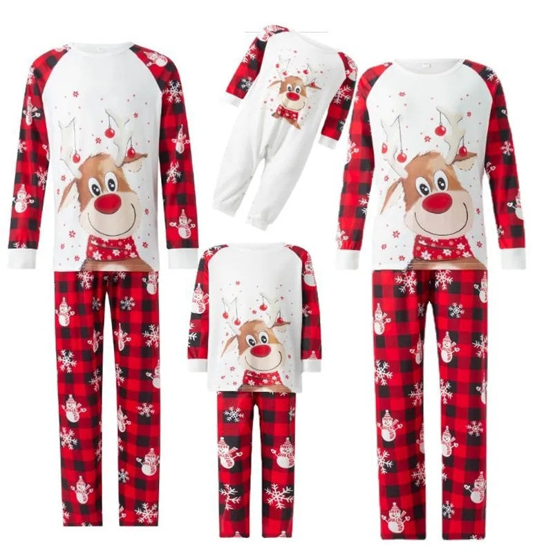 Cartoon Deer Snoflake Print Plaid Xmas Pjs Mommy Kids Daughter Mother Father Child Family Couples Matching Christmas Pajamas