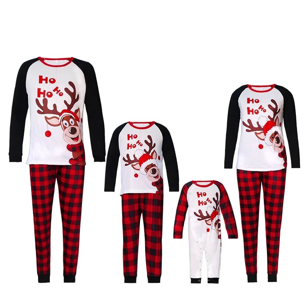Family Matching Christmas Pajamas Cartoon Deer Print Long Sleeve Plaid Xmas Pjs Couples Mommy Daughter Me Mother Kids Child 2023