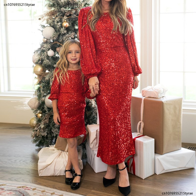 Mother and Daughter Matching Clothes Christmas Party Dress Full Sleeve O Neck Sequins Print Long Maxi Dresses Xmas Family Look