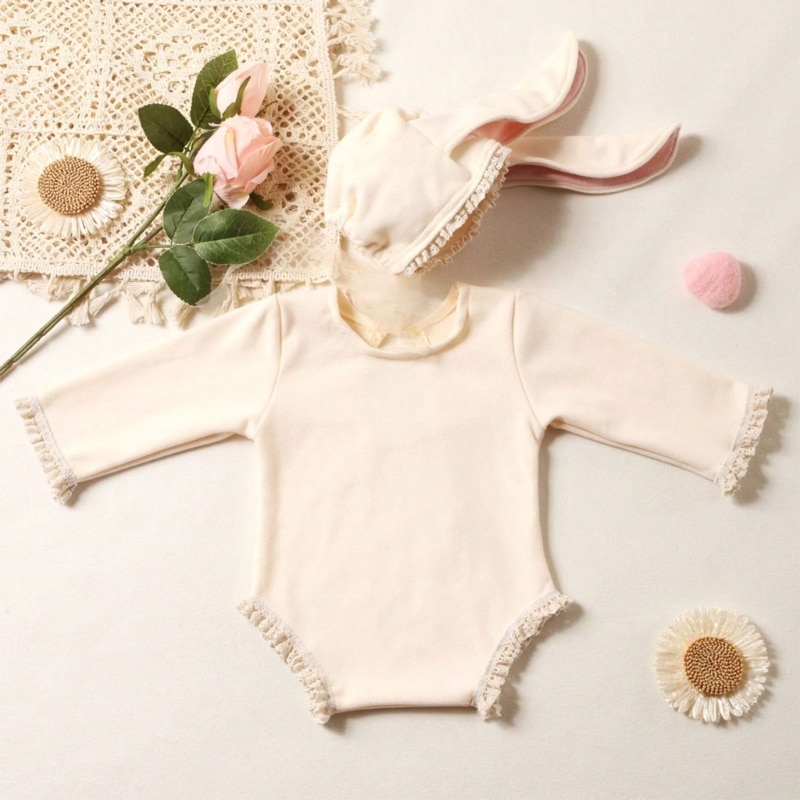 HUYU Baby Rabbit Ears Photography Outfit Rabbit Hat Bodysuit Set for Newborn Photo