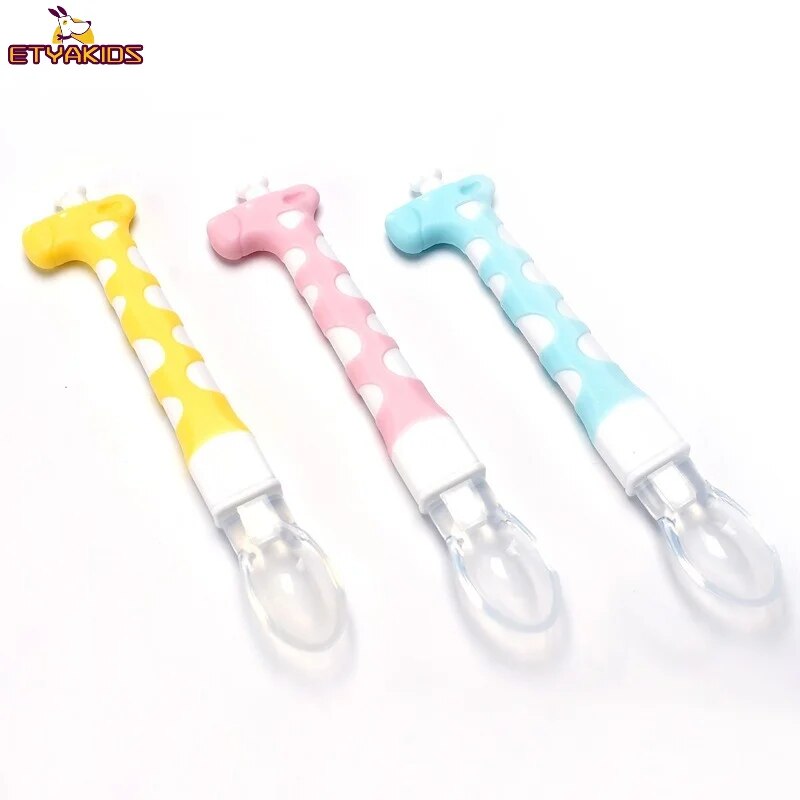 Cartoon Giraffe Handle Baby Spoon Safety Silicone Infant Feeding Spoon Tableware Food Grade Cartoon Animal Toddler Baby Spoon