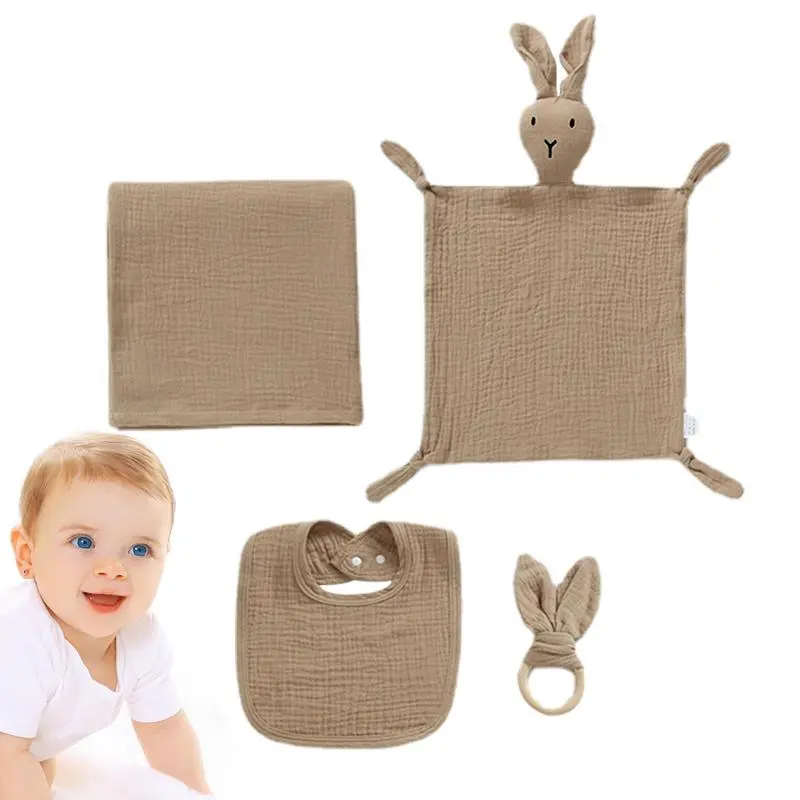 Security Blanket 4Pcs Pure Cotton Lovey Blanket Baby Gifts Security Blanket Baby Bath Towel Baby Bib Baby Chewing Ring For