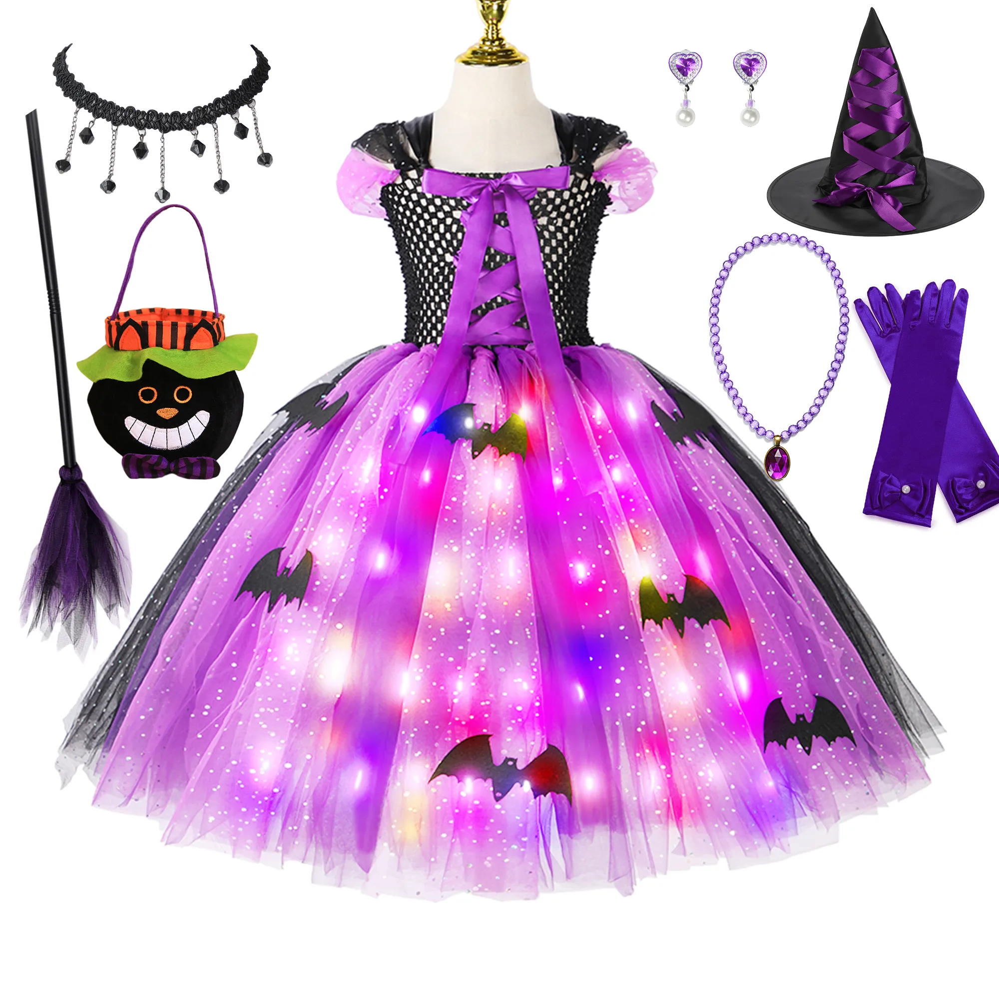 LED Light Up Witch Cosplay Girls Tutu Sequins Dress Cosplay Disguise Kid Girl Paty Carnival Costumes Halloween Dress Up Clothes
