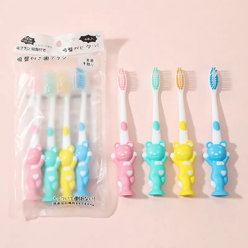 4Pcs Cartoon Children Toothbrush Bamboo Charcoal Soft Hair Silicone Cute Cleaning Teeth Brushing Short Handle Toothbrush Set