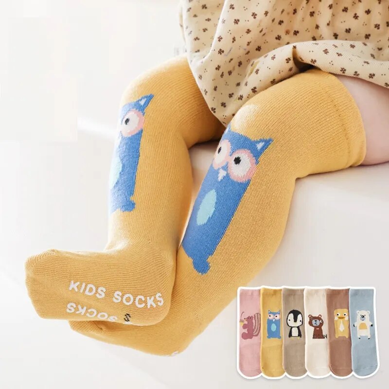 3 Pairs/lot Cartoon Animals Solid Color Anti-slip Cotton Striped Socks Warm Knee High Floor Socks Baby Boys Girls Accessories