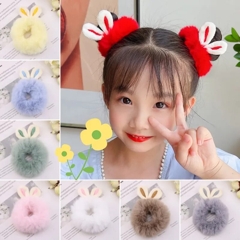 2Pcs/Set Children Girls Cute Cartoon Rabbit Plush Elastic Hair Bands Hair Decorate Scrunchie Fashion Women Hair Accessories