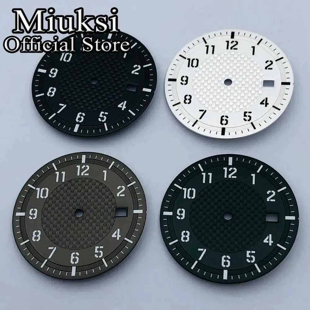 Miuksi 34 mm schwarz-weiß-grünes kaffeefarbenes steriles Zifferblatt, leuchtendes Zifferblatt, passend für NH35 NH35A NH36 Uhrwe