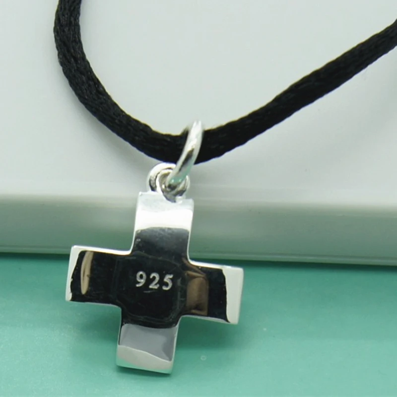 Religiöse Glaube-Kreuz-Anhänger-Halskette, 925er Silber, schwarzes Seil mit Kette, Herren- und