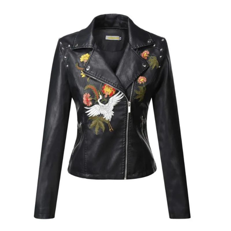 Herbst Blumen Stickerei Pu Leder Jacke Frauen drehen-unten Kragen Niet Zipper Schwarz Biker Mäntel