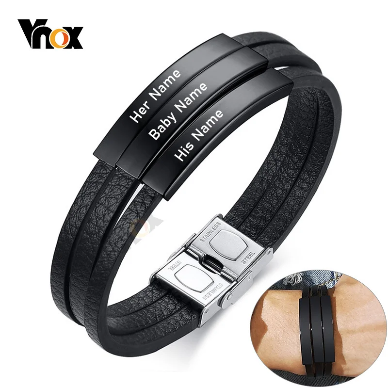 Vnox Personalisieren Sie Gravur Name Männer Mehrschichtige schwarze Leder-Wickelarmbänder