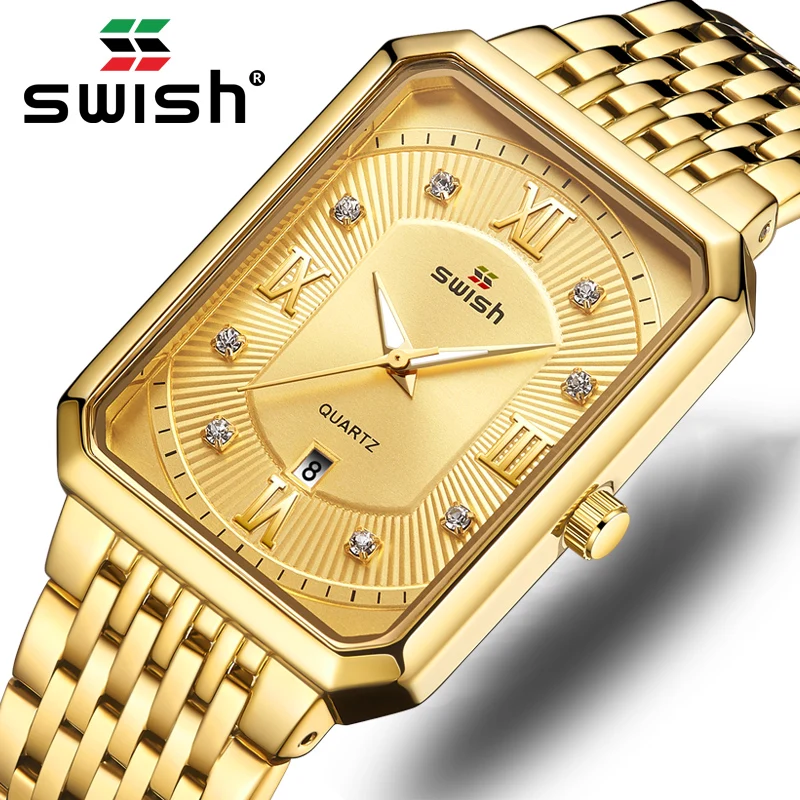 Goldene Uhren Männer Top Marke Luxus Mode Rechteck Quarz Armbanduhr Herren Wasserdichte Business Uhr