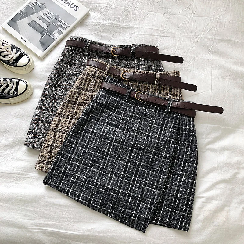 Korean Unregelmäßigen Dame Rock Weibliche Herbst Süße Hohe Taille A-line Mini Rock Vintage Casual Frauen Plaid Rock Chic Schärpe