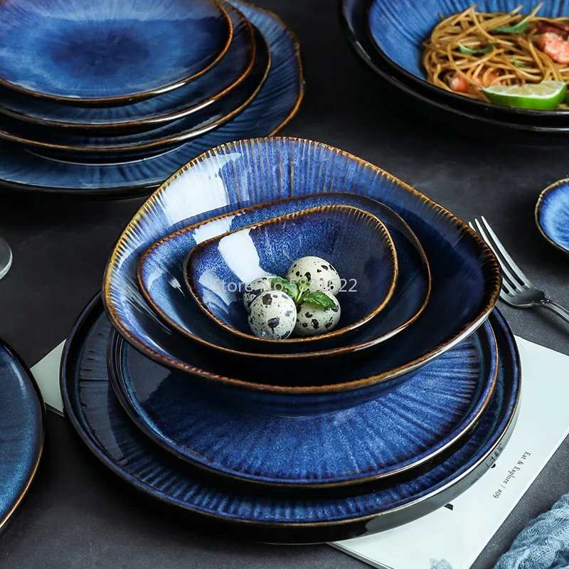 Blaue Farbe Keramikgeschirr Home Flat Plate Deep Steak Dish Breakfast Dinner Plate Big Bow