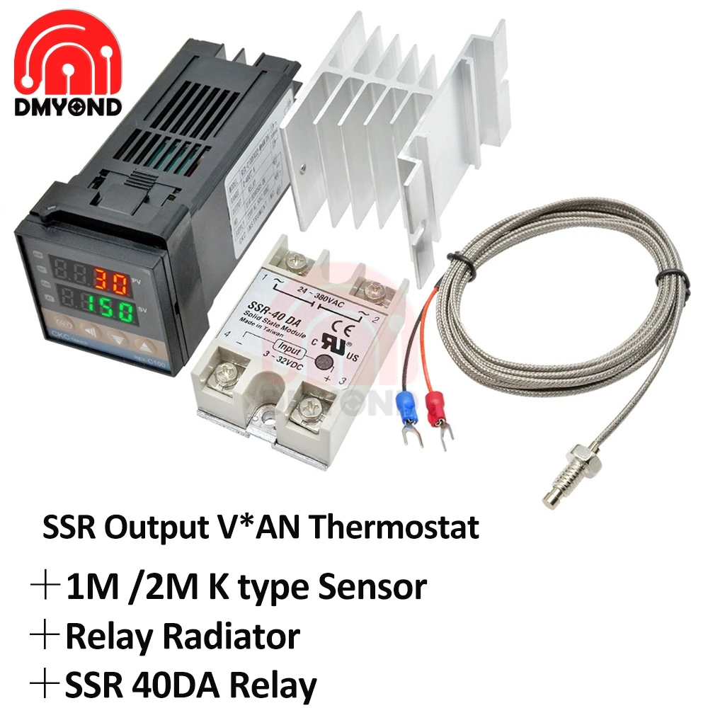REX-C100 Thermostat Rex C100 PID Digitaler Temperaturregler SSR-Ausgang + max.40A SSR-Relais + K-Thermoelement 1 m 2 m Sonde RKC