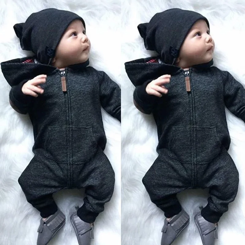 0-24M Baby Boy Kleidung Infant Warme Lange Sleeve Zipper Romper Neugeborenen Overall Kind Mit Kapuze