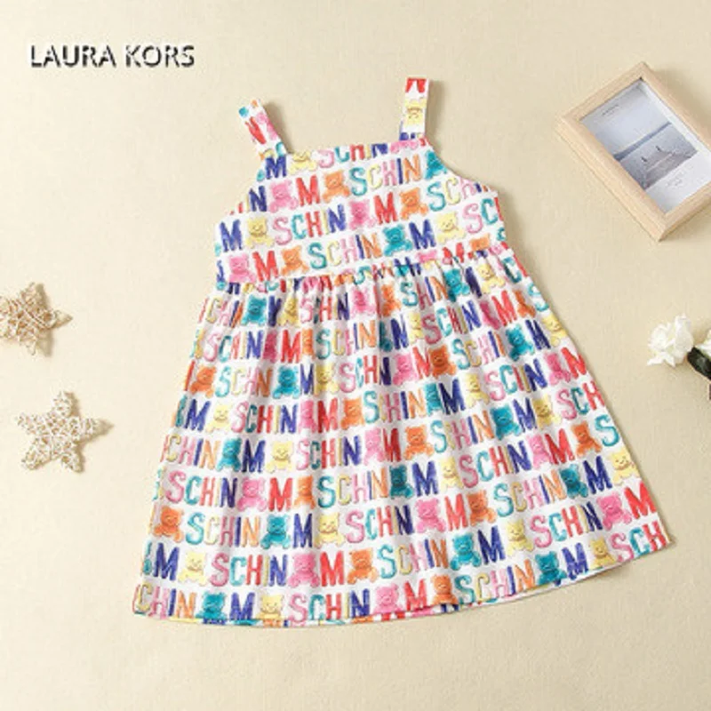 Summer 2023 Girls Dress Girls Cute Dress Strap Muti Print Bear Letter Designer Layered Evening Party