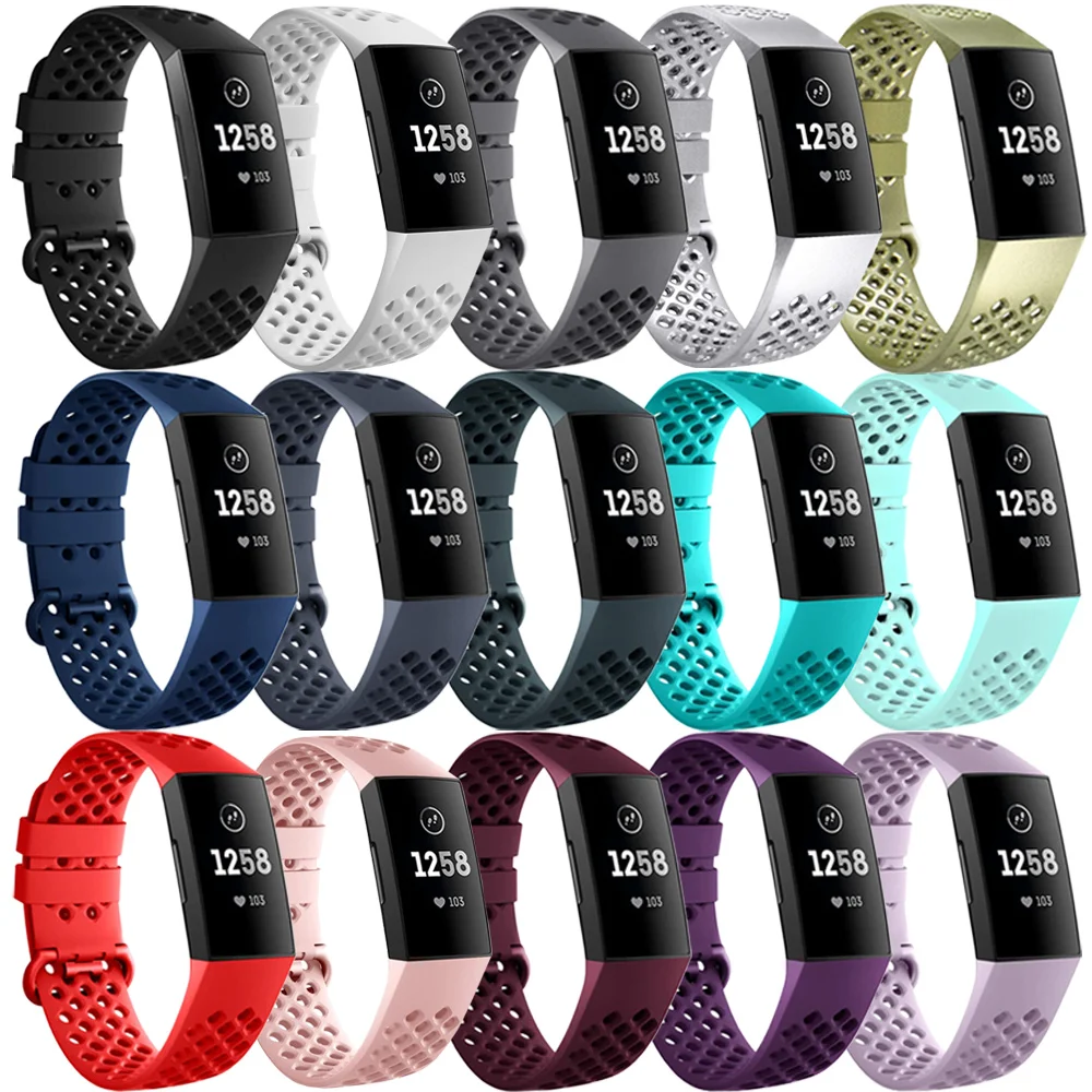 Pulseira de silicone para Fitbit Charge 3 e 4, Pulseira de relógio respirável, Pulseira esportiva