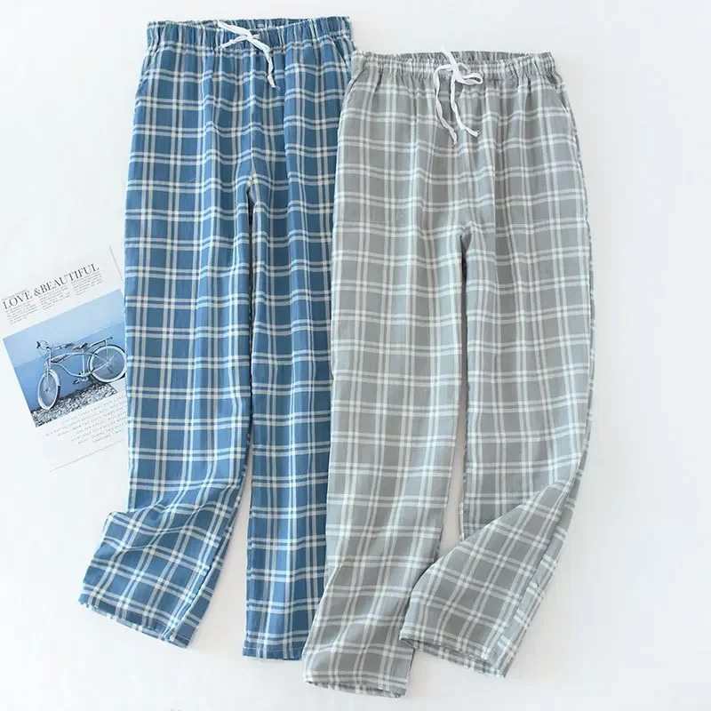 Mannen Katoenen Gaas Broek Plaid Gebreide Slaap Broek Vrouw Pyjamabroek Bodems Nachtkleding Kort
