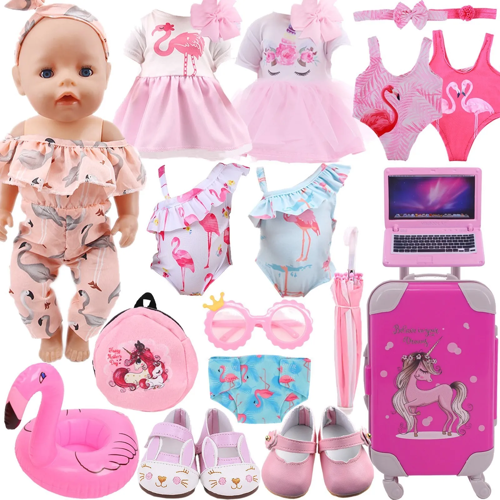 Poppenkleding Flamingo Voor 43Cm Geboren Baby Jurk Schoenen Accessoires Passen 18 Inch American &