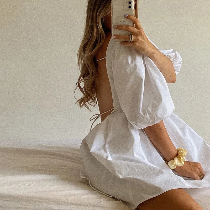 Sexy Backless Lace Up Mini Dresses Boho White Puff Sleeve Sweet Dress Chic Women Elegant Lady for