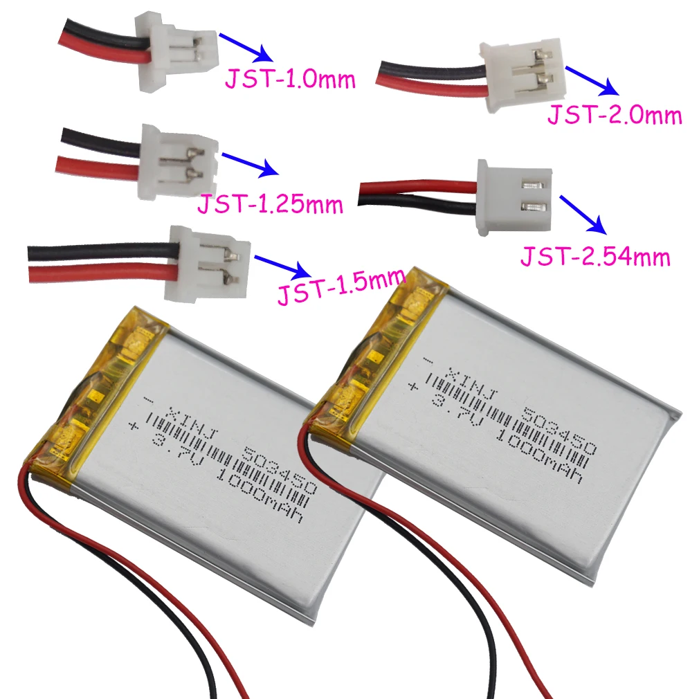 Bateria do lítio do polímero Li Lipo  3.7V  1000 mAh  3.7Wh  503450  JST  2pin  1.0  1.25  1.5  2.0