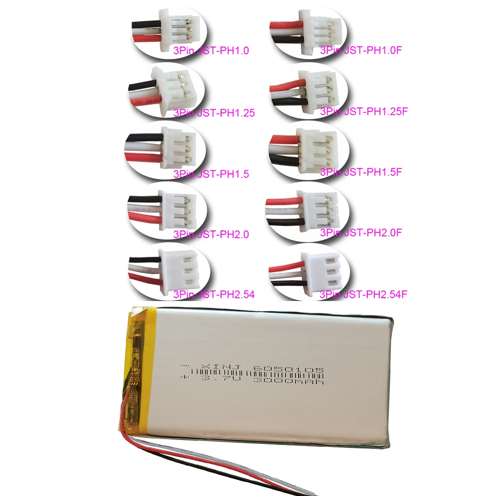 Xinj 3.7v 3000mah 3 fios thermistor polímero li bateria de lítio lipo 6050105 3pin JST-PH