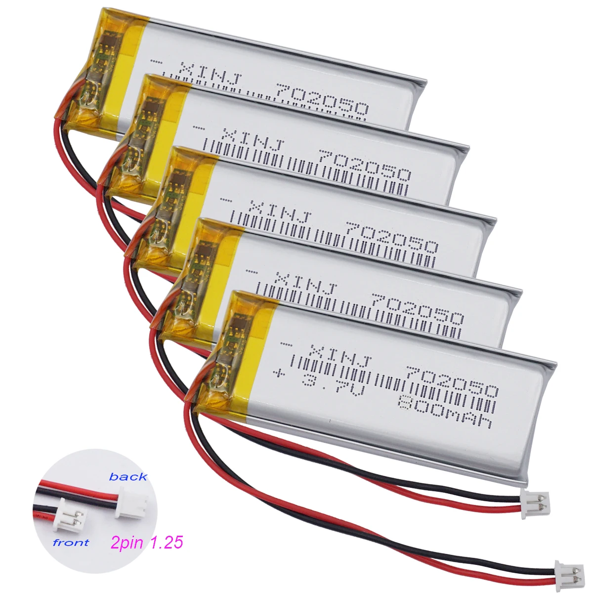 5 Stück 3,7 V 800 mAh 2,96 Wh wiederaufladbarer Li-Akku 702050   Lipo Li-Ion JST 2Pin 1,25mm Stecker für GPS Stift Bluetooth Lau