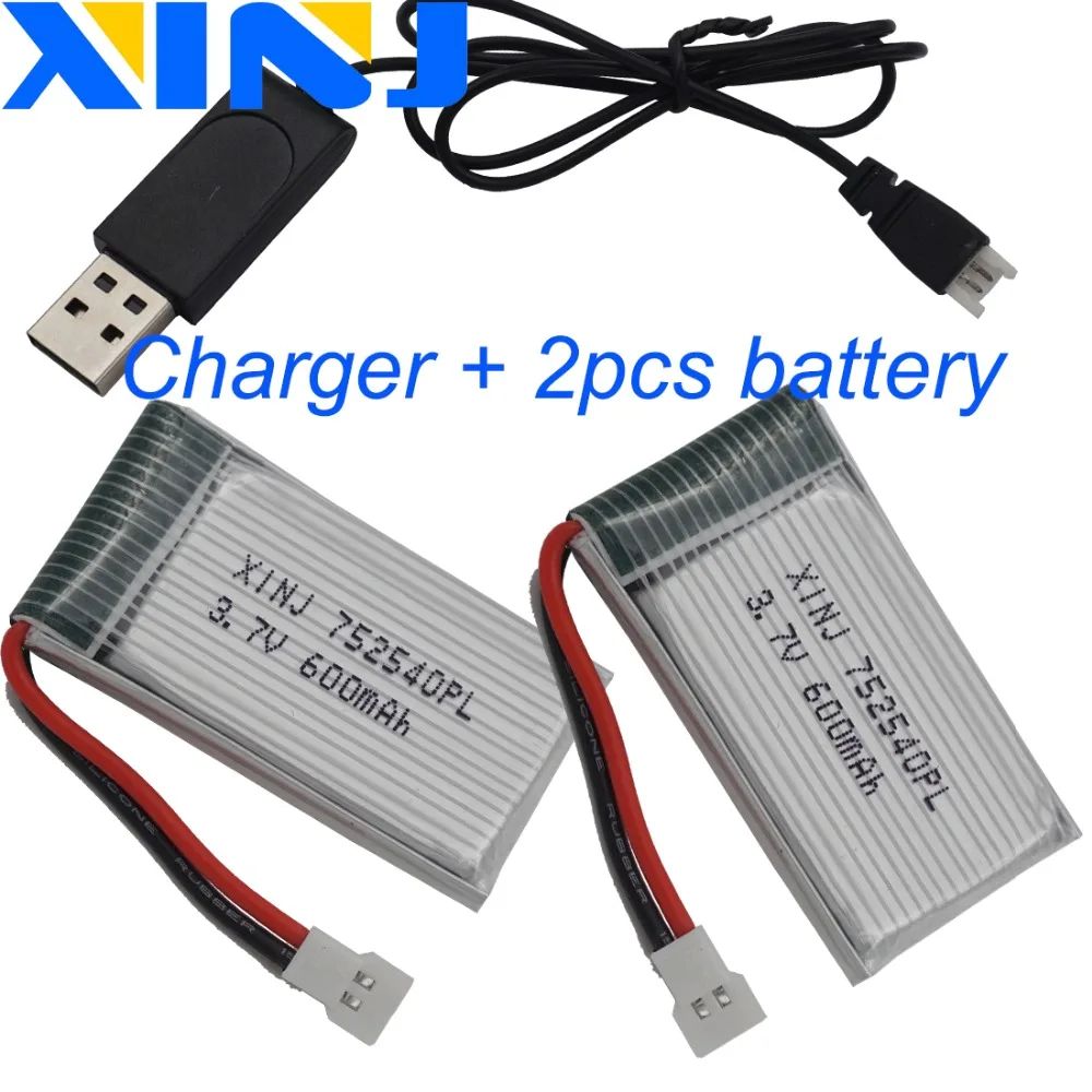 Carregador + 2 pces 3.7v 600mah 2.22wh 25c recarregável li-polímero lipo li bateria 752540 para syma