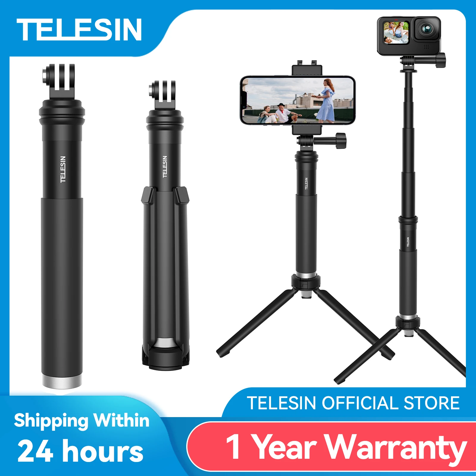 TELESIN Für GoPro Selfie Stick Faltbare Stativ Telefon Halter Aluminium Legierung Einbeinstativ für DJI Action Insta360 Smartpho