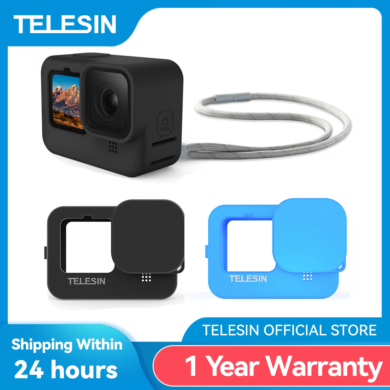 TELESIN Weiche Silikonhülle für GoPro 9 10 11 12, Objektivdeckel, blau, schwarz, verstellbare