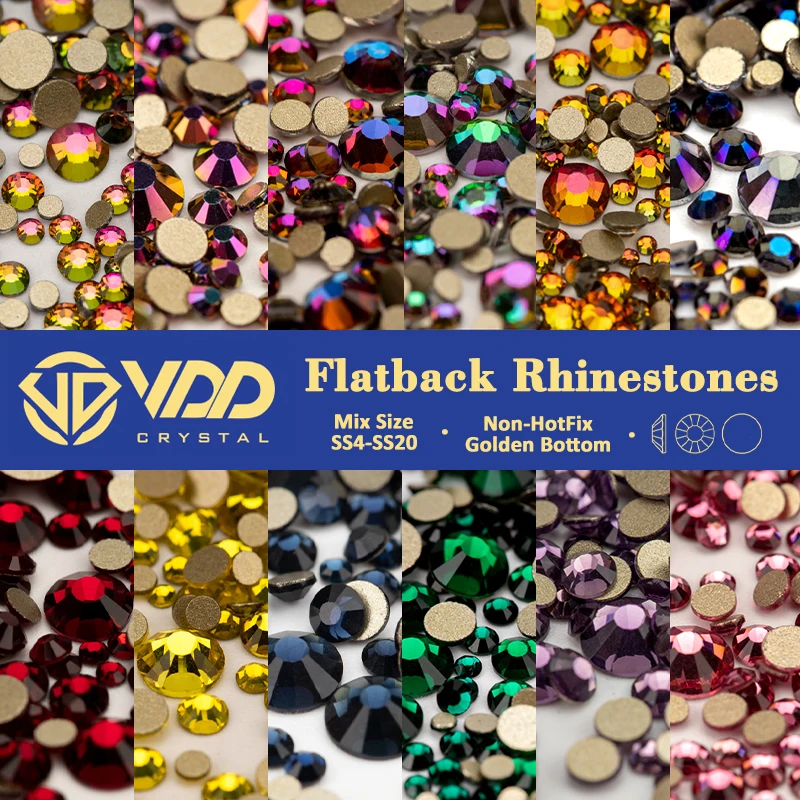VDD SS4-SS20 Mix Size Clear Crystal Non-Hotfix Gold FlatBack Rhinestones Decorations DIY Glitter