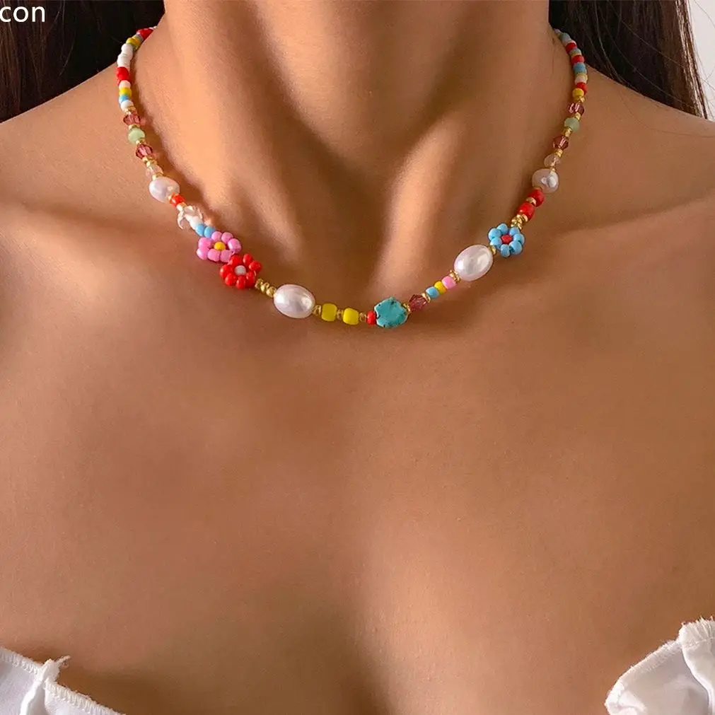 Baroque Simulated Pearls Cute Flowers Colorful Hand-woven Beaded Short Clavicle Chain Choker