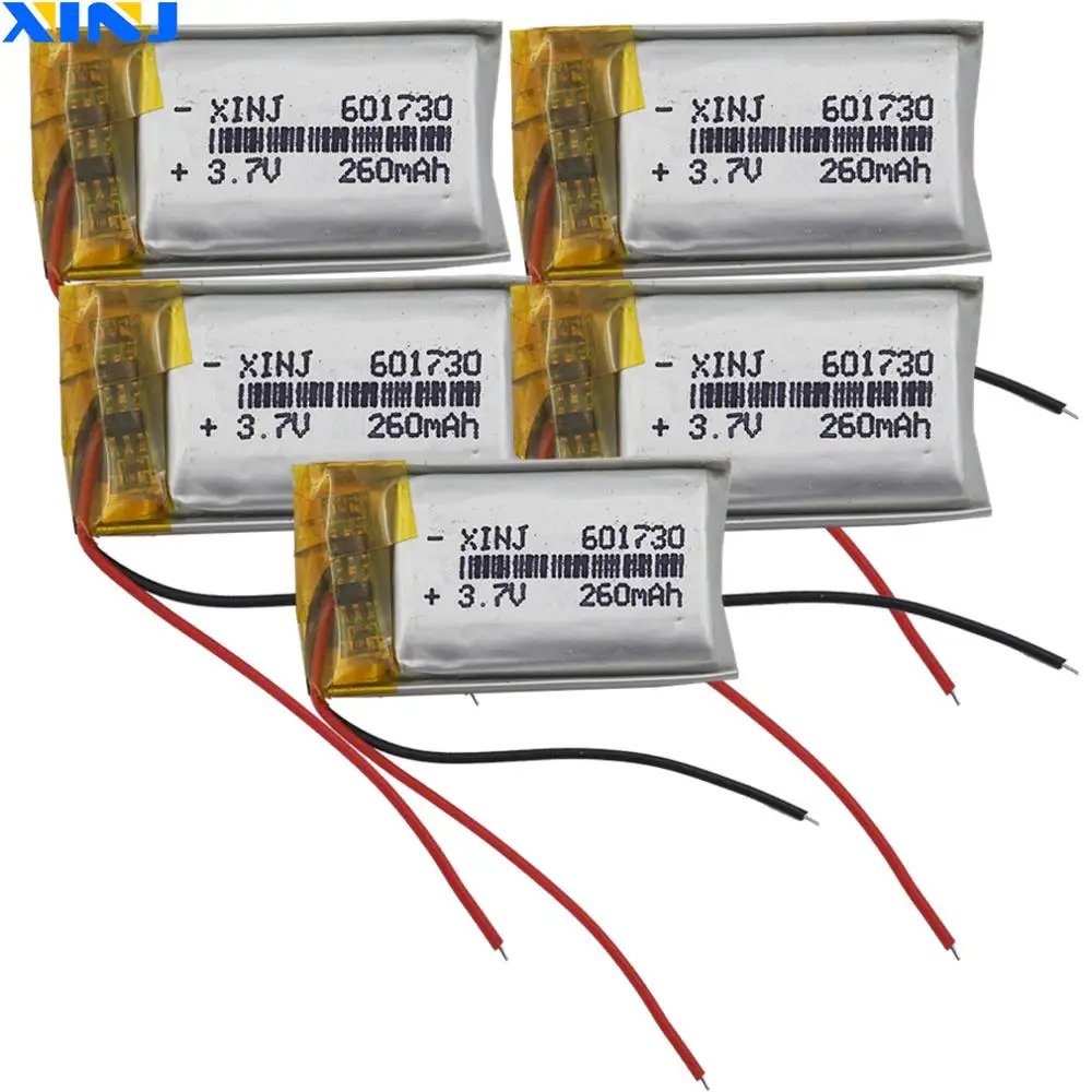 5 pces 3.7v 260 mah 601730 polímero li lipo bateria de lítio para câmera fone de ouvido dashcam dvc