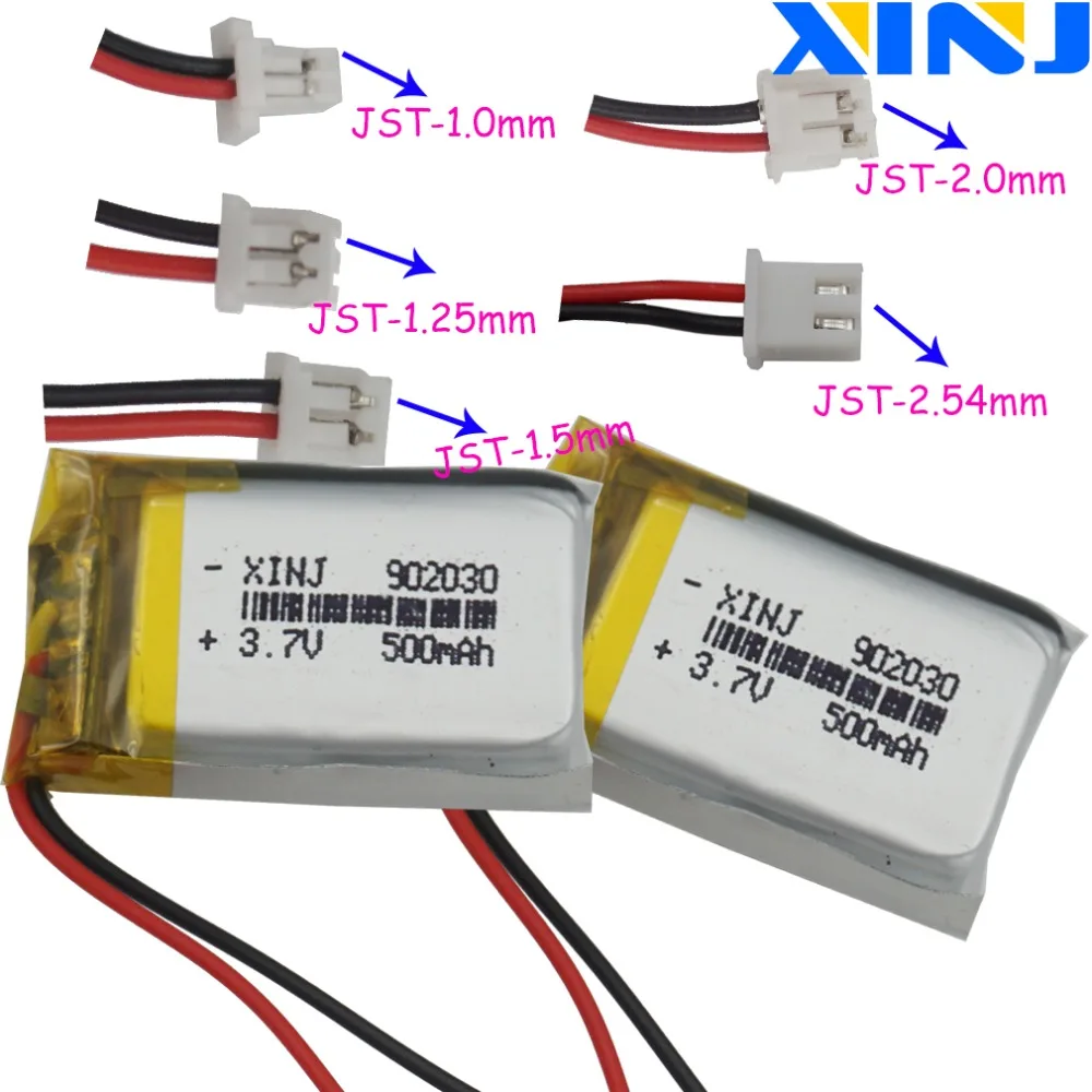 Bateria de lítio do polímero, 3.7v, 500mah, 1.85wh, 902030, jst, 2pin, 1.0/1.25/1.5/2.0/2.54mm, para