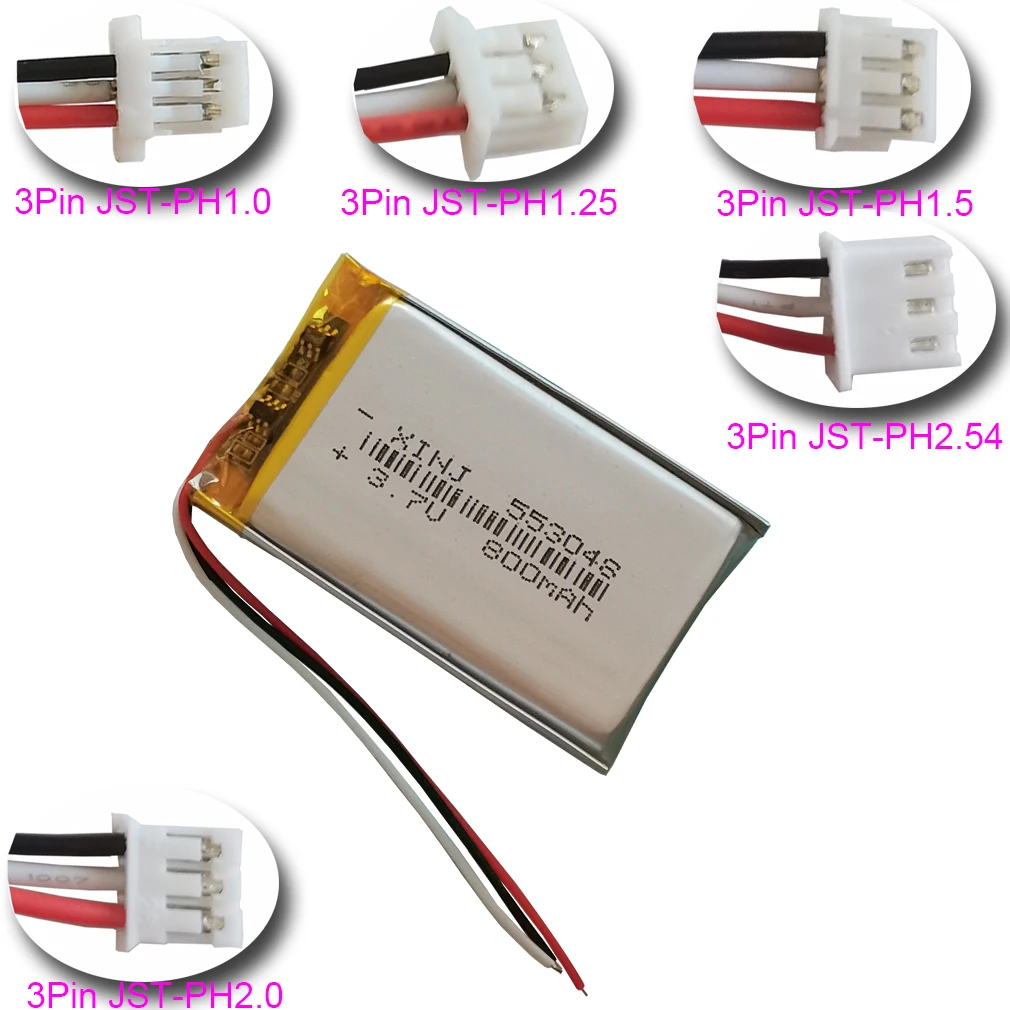Xinj 3.7v 800mah 2.96wh 3 fios thermistor polímero rechgerable lipo li bateria de lítio 553048 jst