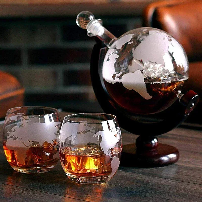 Creative Globe Decanter Set with Lead-free Carafe Exquisite Wood-stand and 2 Whisky Glasses Whiskey